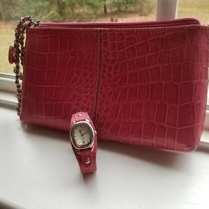 Fossil pink embossed watch w coordinating bag